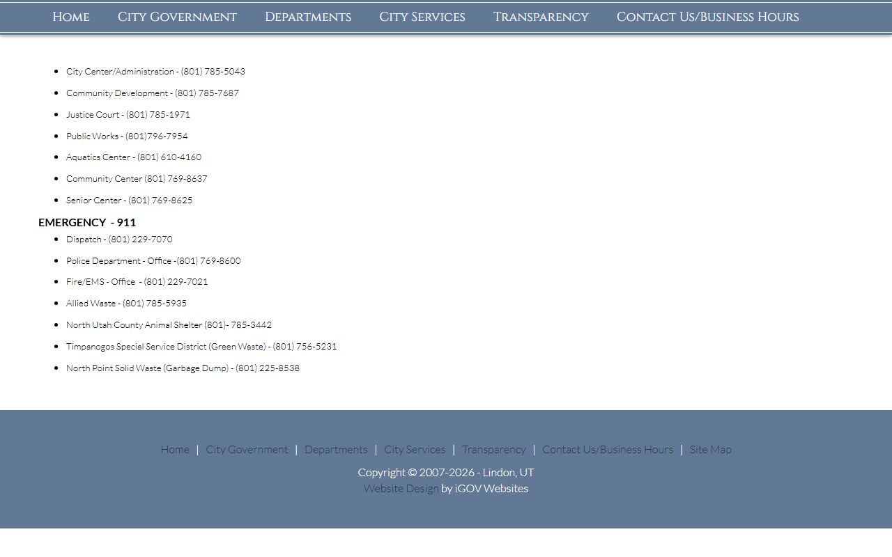 Lindon Phone Directory page screenshot