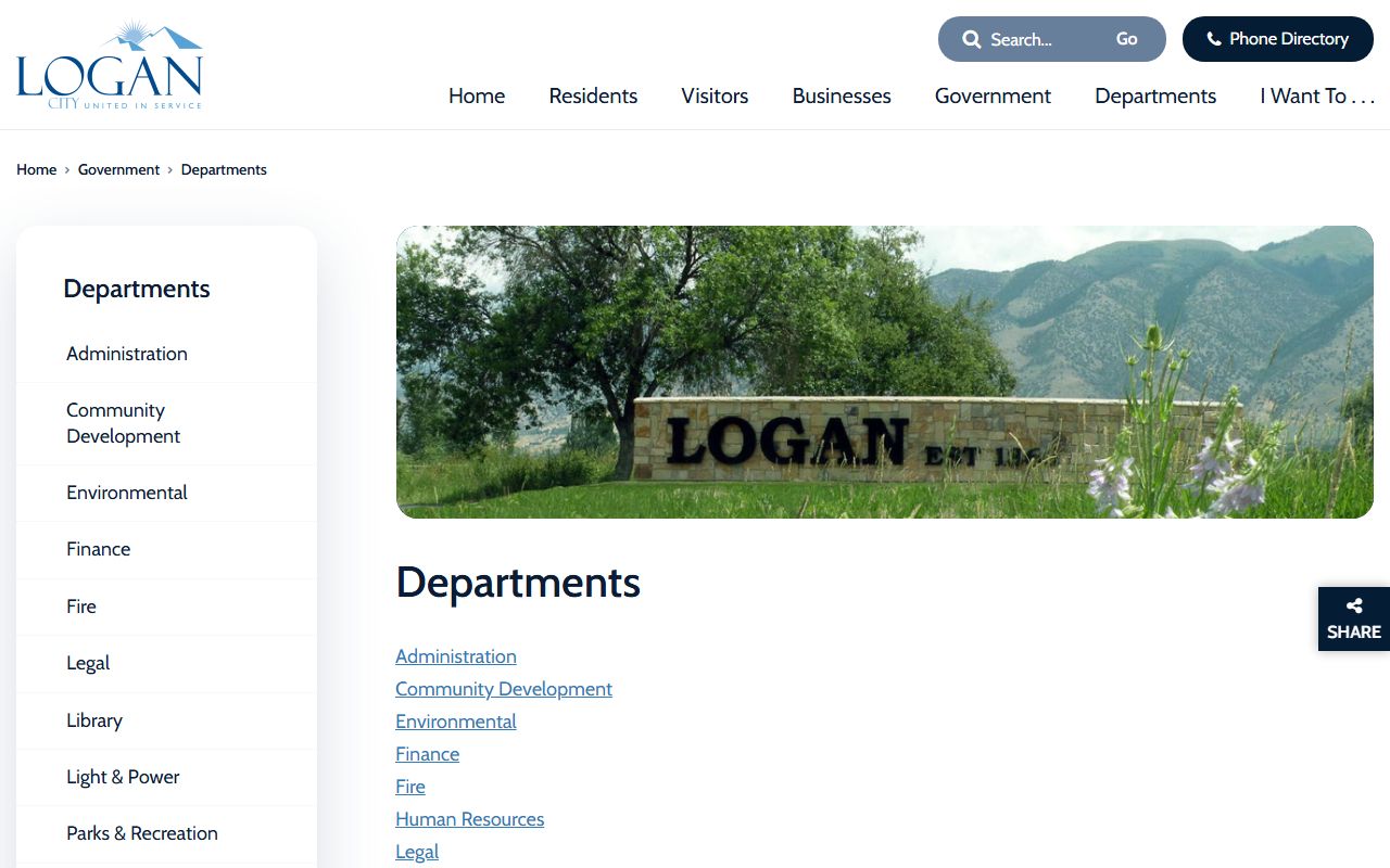 Logan Phone Directory city government departments screenshot