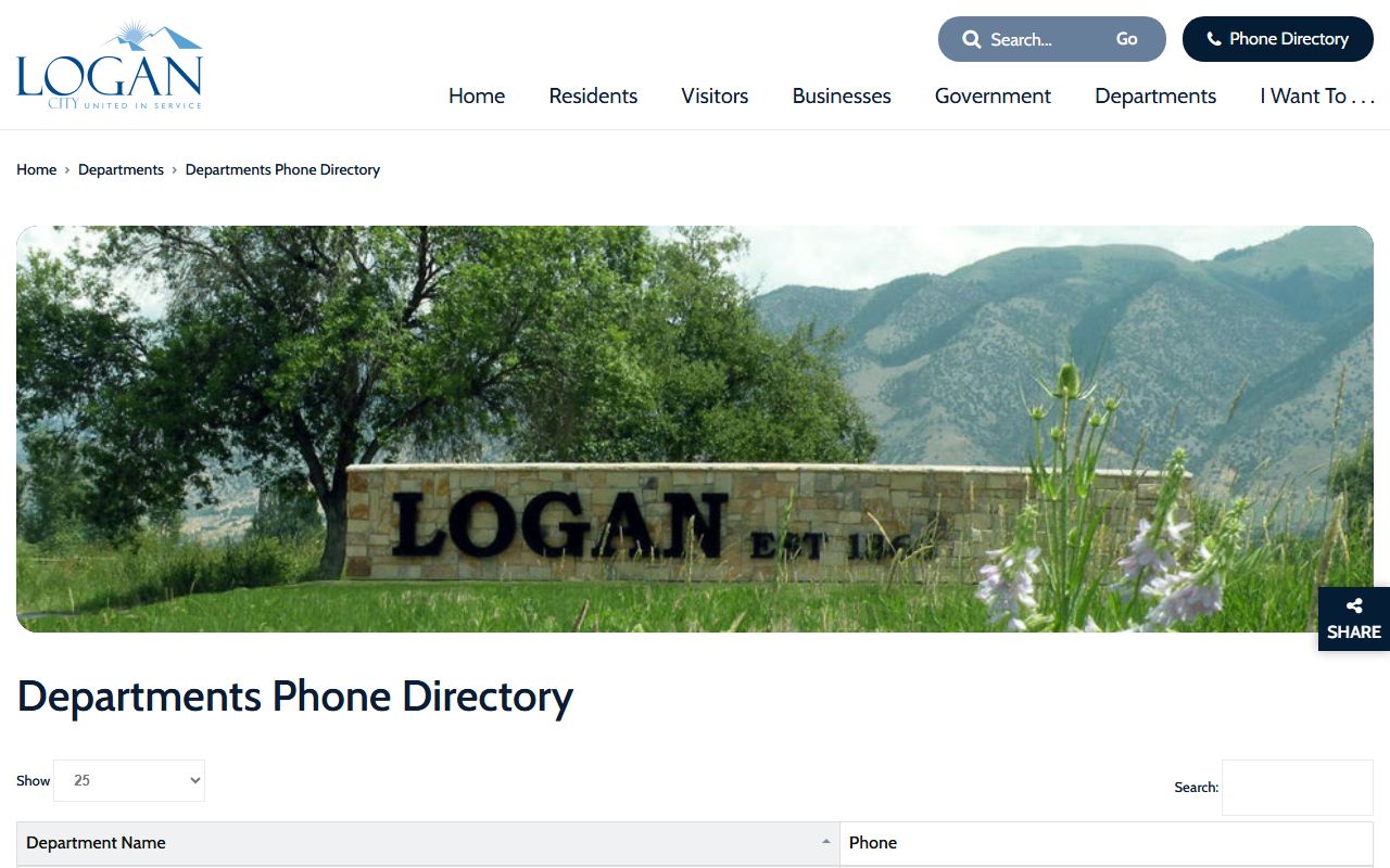 Logan Phone Directory official city phone directory screenshot