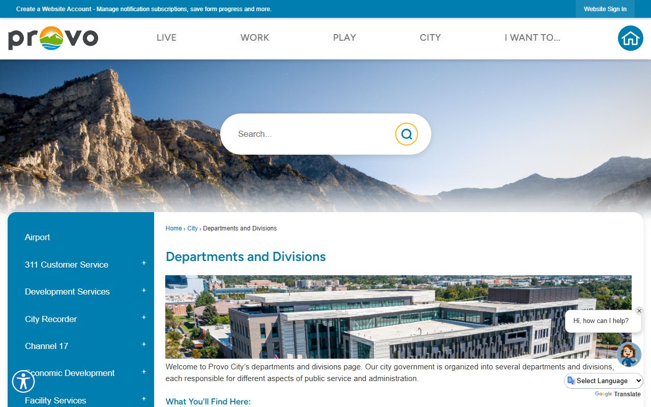 Provo Phone Directory departments and divisions screenshot