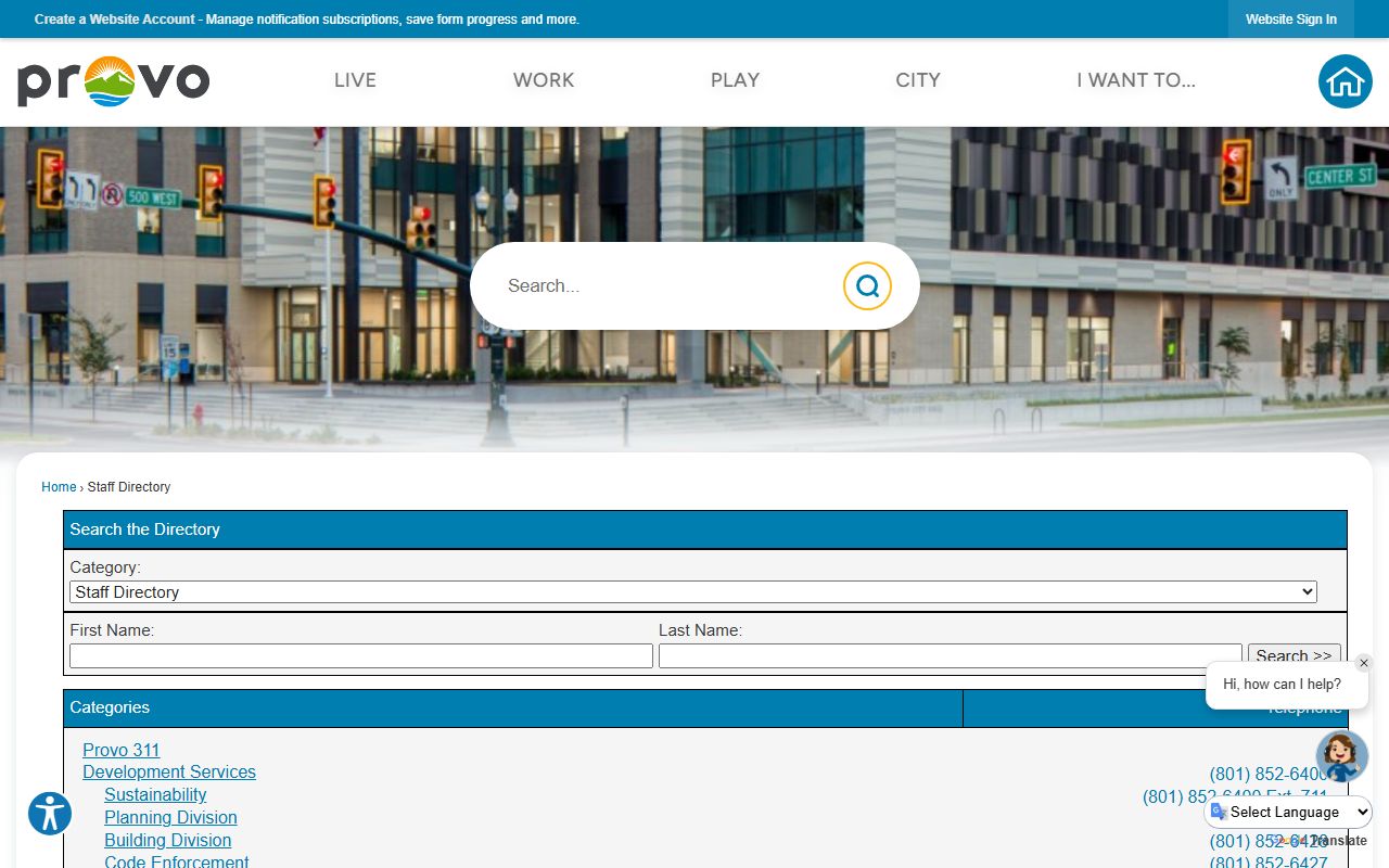 Provo Phone Directory official city directory screenshot