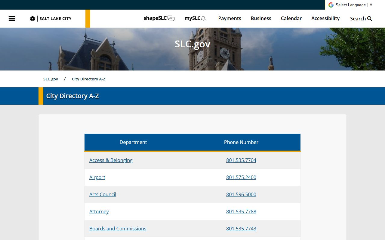 Salt Lake City Phone Directory official city directory screenshot