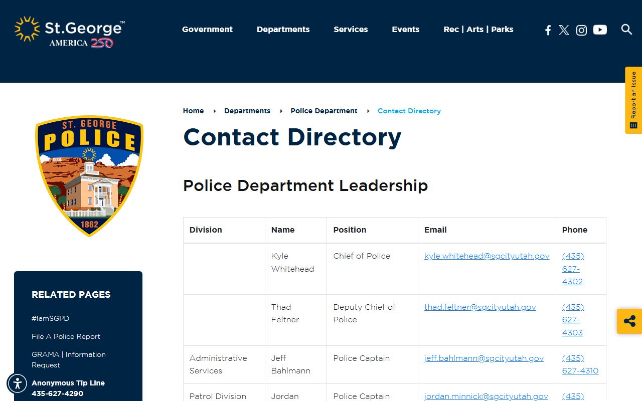 St. George Phone Directory police department screenshot