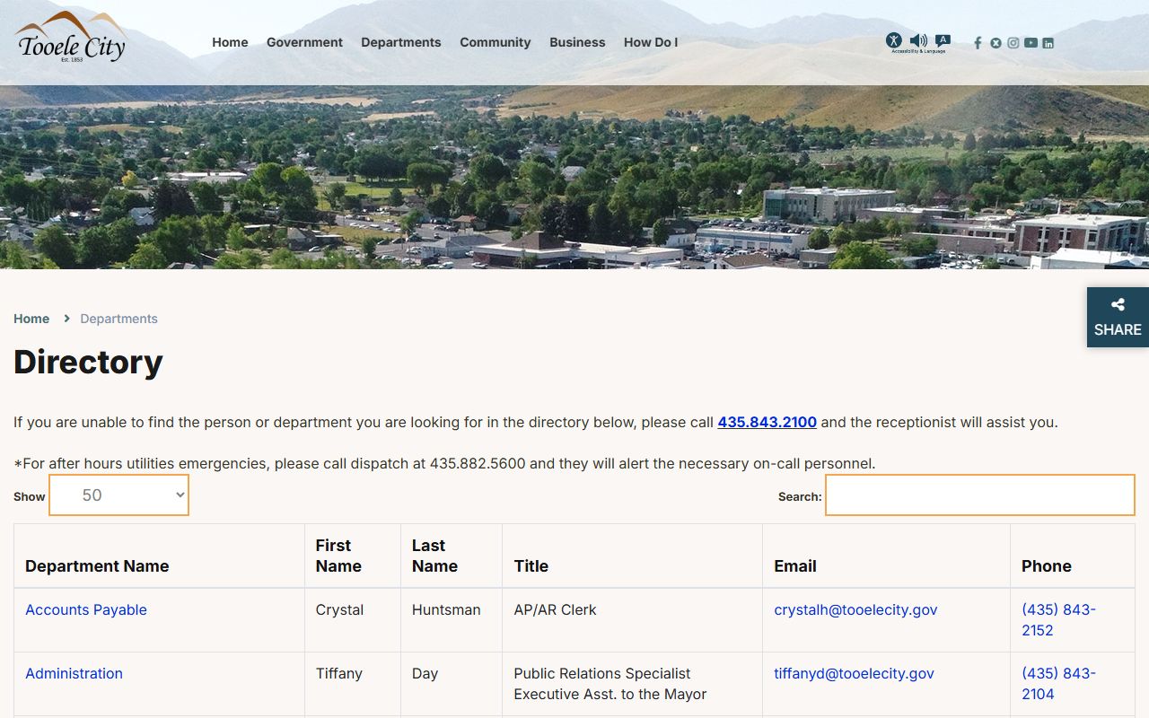 Tooele Phone Directory city services screenshot