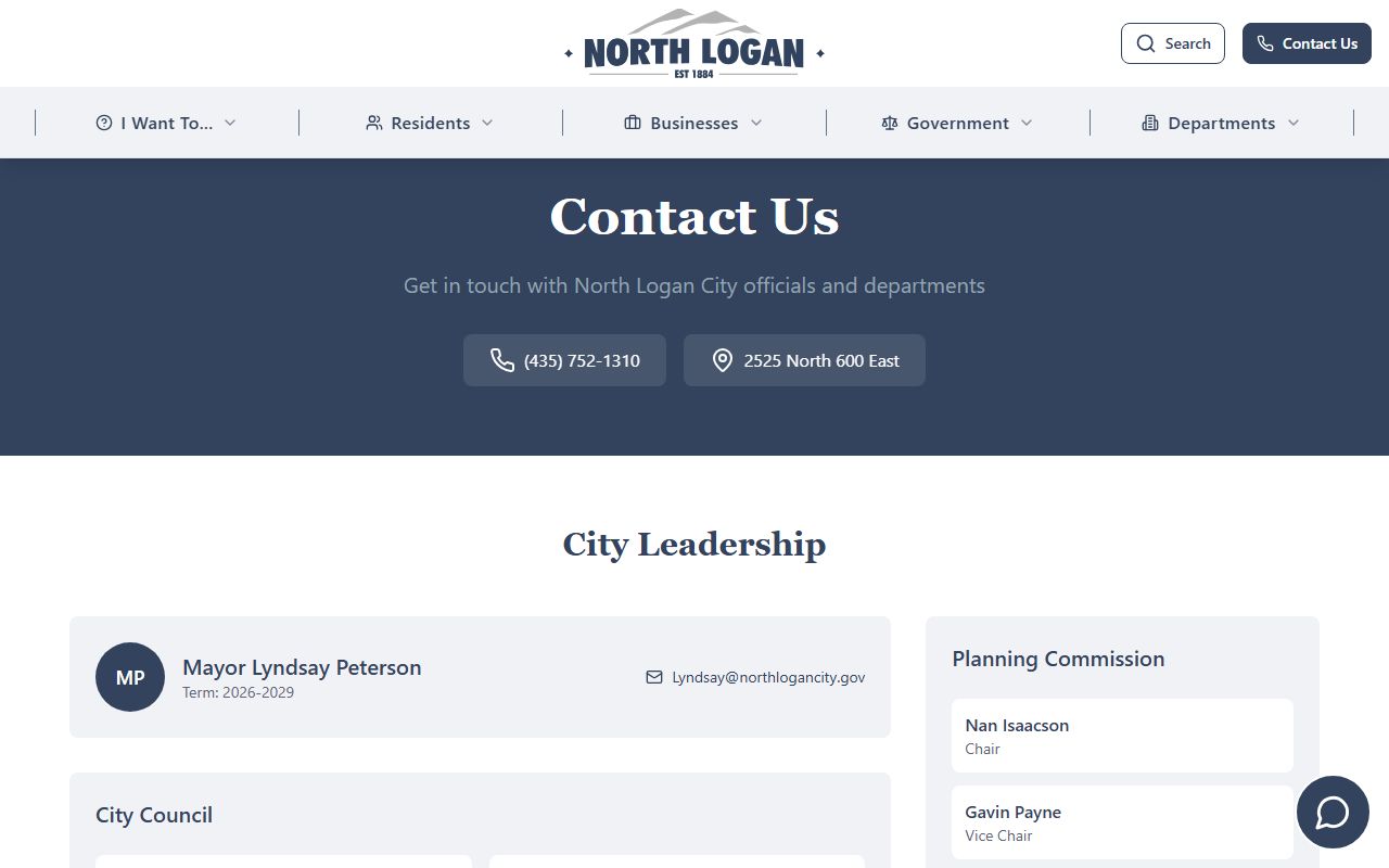 Cache County Phone Directory screenshot of North Logan city contact resources