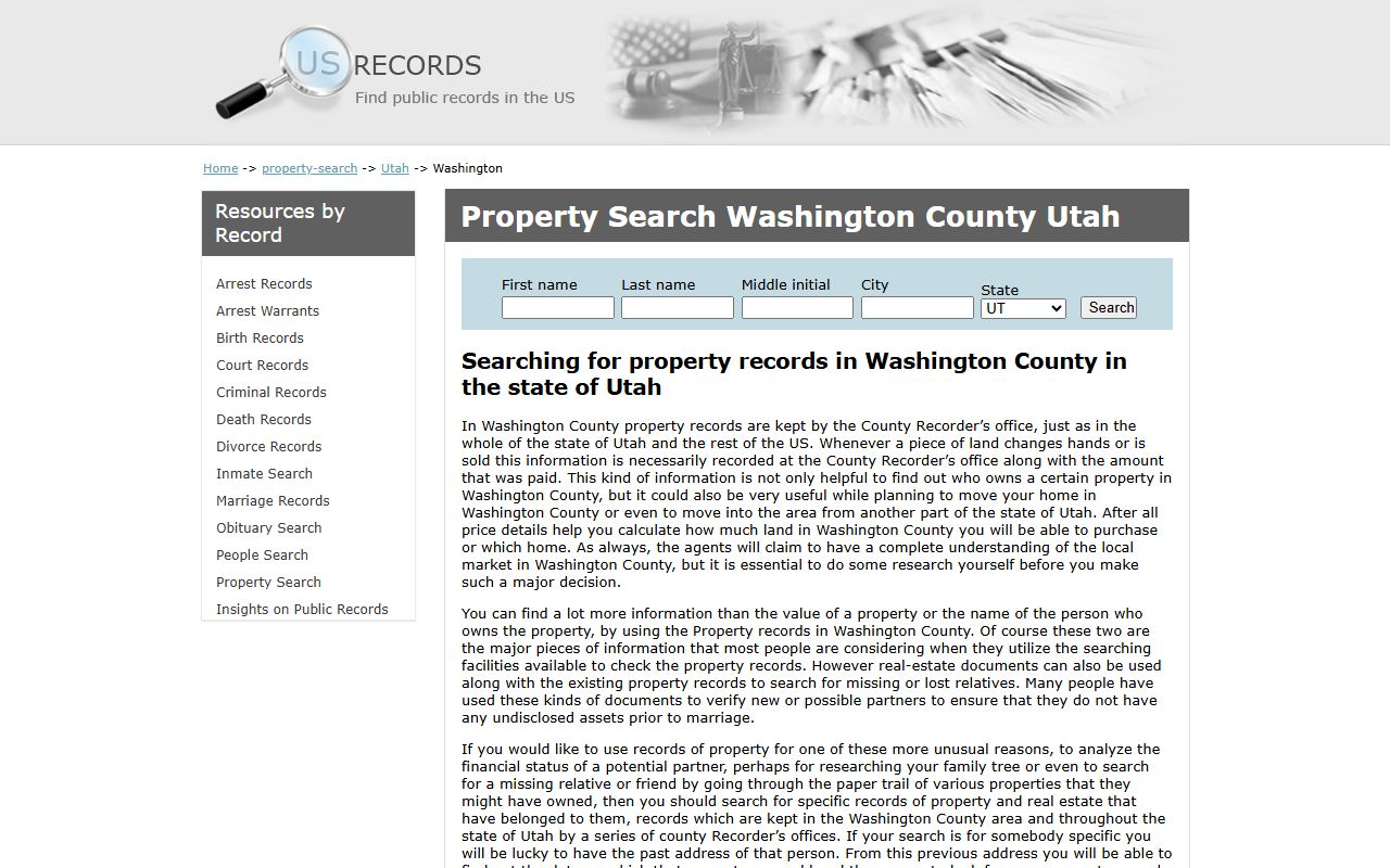 Washington County Phone Directory screenshot of property records contact resources